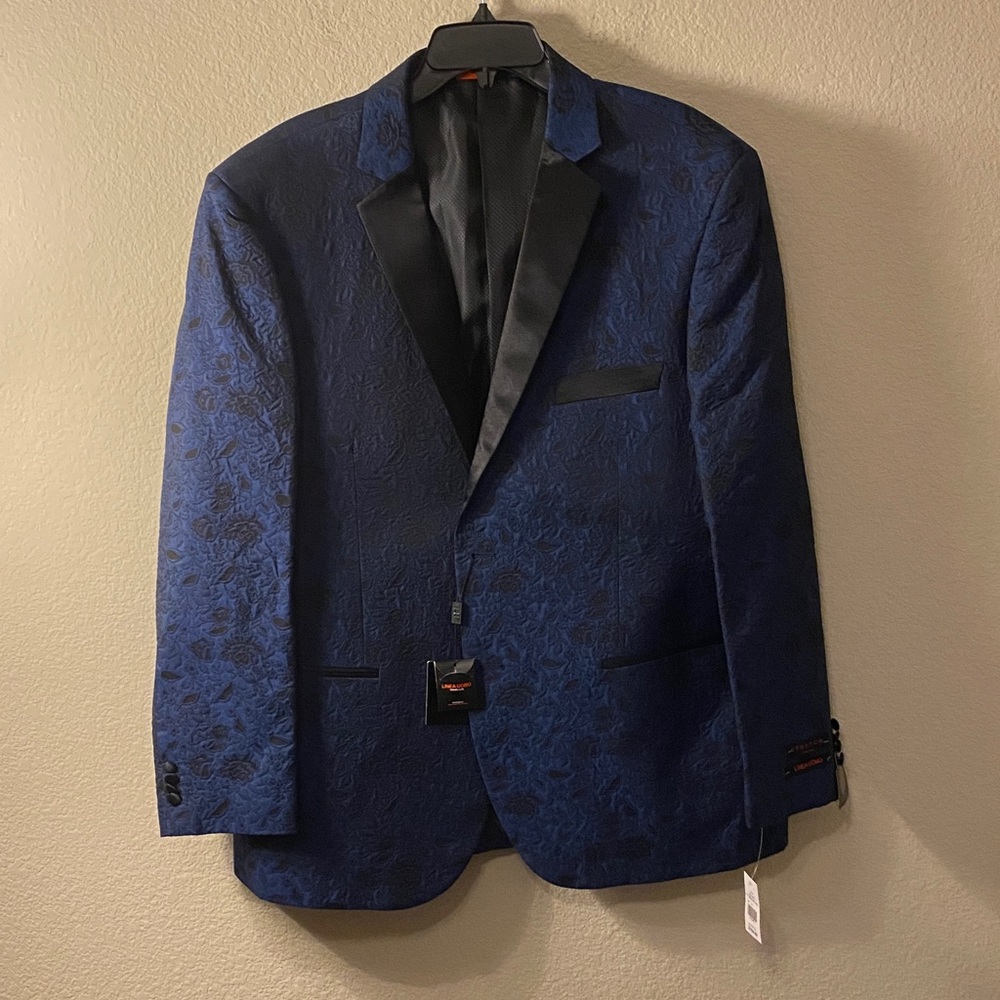 Men's Navy Floral Jacquard Blazer with Satin Peak Lapel